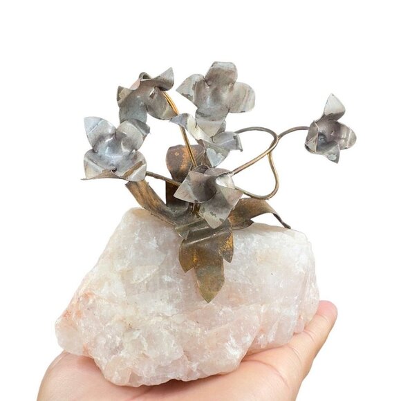 1960s Vintage Metal Flowers On A Pink Stone Mineral Rock Mid Century Figurine - Picture 6 of 10